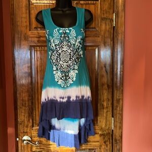 Vocal Teal and Navy Sleeveless Dress with Ornate Pattern